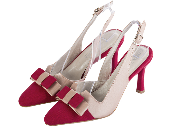 Raspberry red and powder pink women's open back shoes, with a knot. Tapered toe. High slim heel. Front view - Florence KOOIJMAN